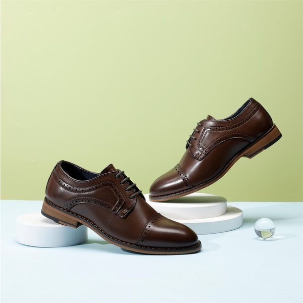 Boys' Non-Slip Cap-Toe Dress Shoes - DARK BROWN - 1